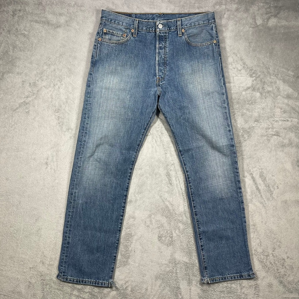Levi's 501 Jeans Mens 36(35)x31 Blue Straight‎ Leg Button Fly Distressed Denim
